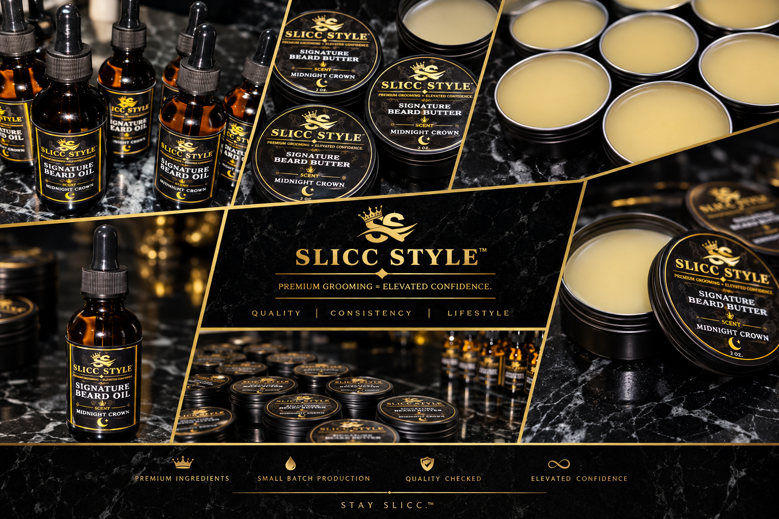 SLICC STYLE Midnight Crown beard oil and beard butter collage